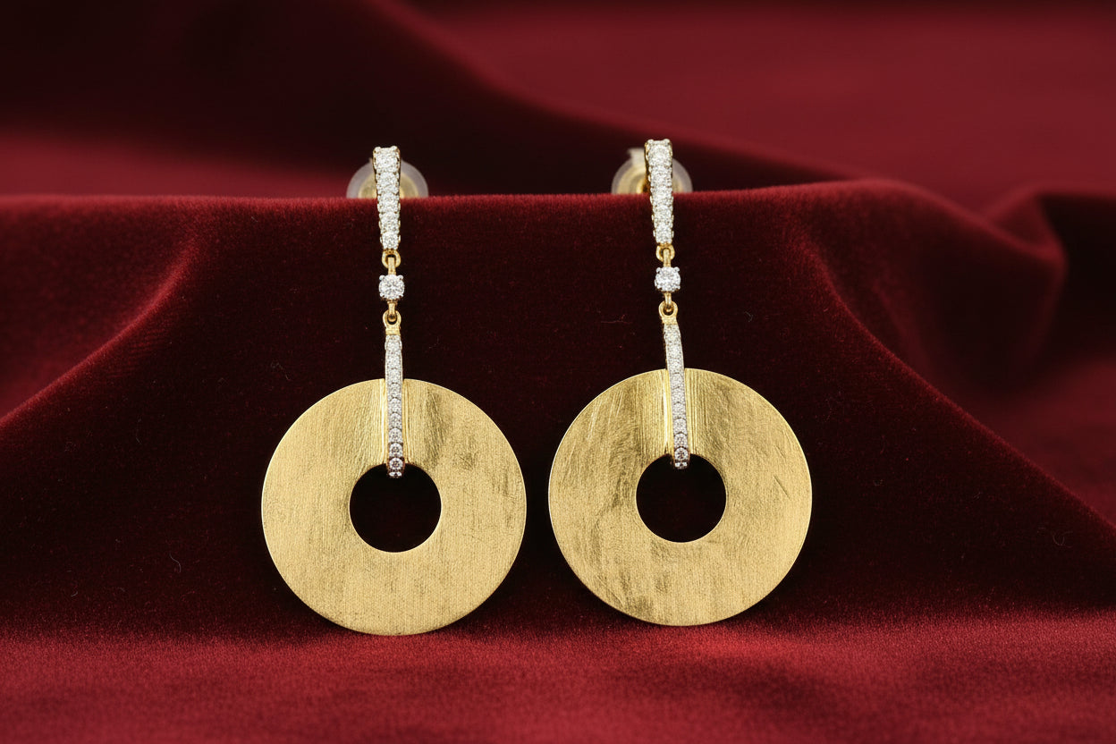 14K YG FLAT BRUSHED DISC DANGLE STUD EARRINGS ACCENTED WITH 60RD=0.26CTW DIAMONDS