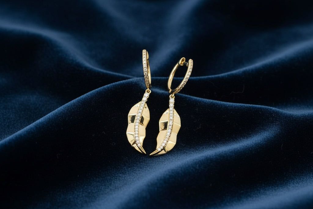 14K YG 0.22ctw Diamond Huggies with Dangle Leaves