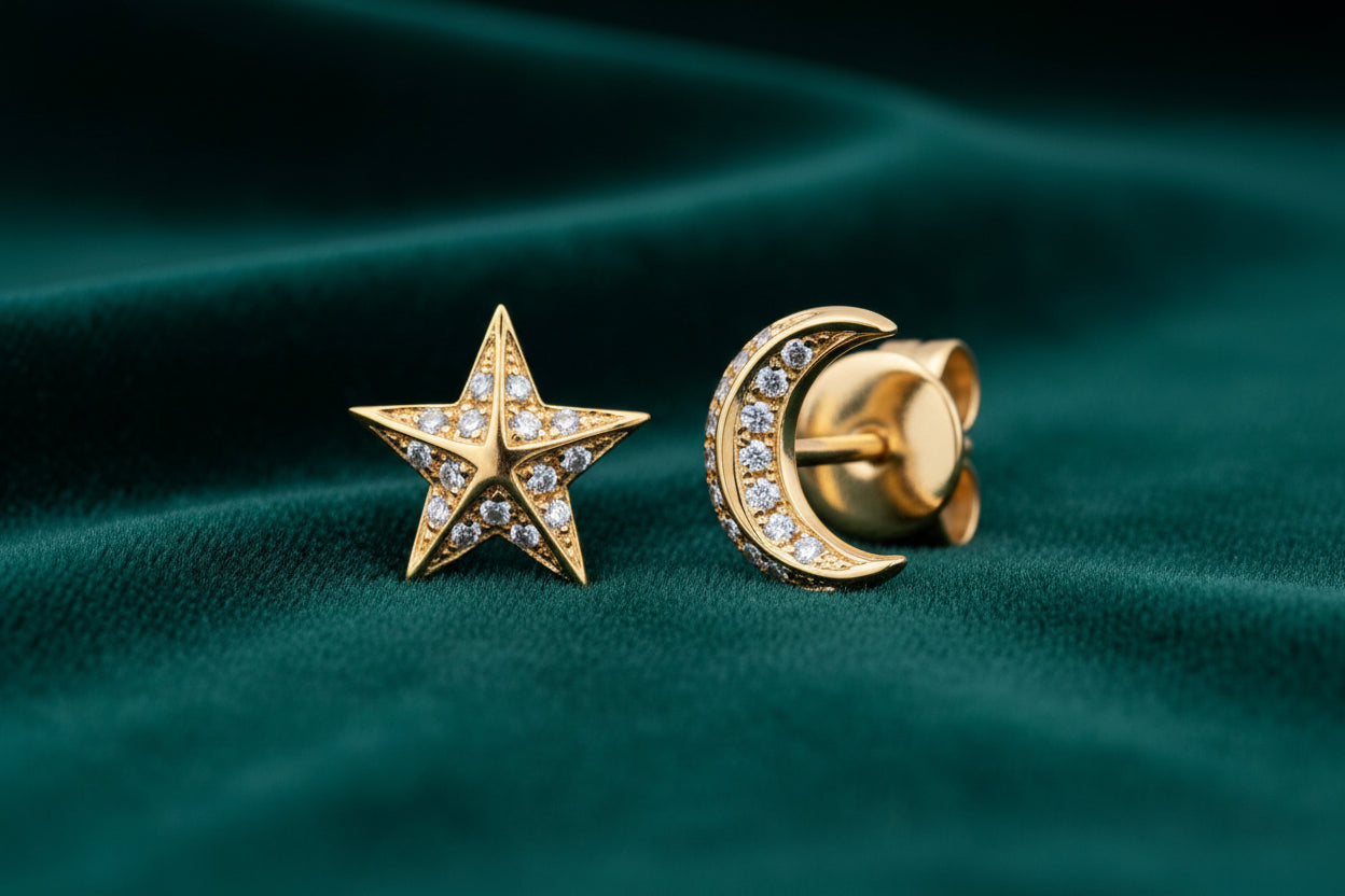 14K YG 0.07ctw Diamond Star & Moon Studs