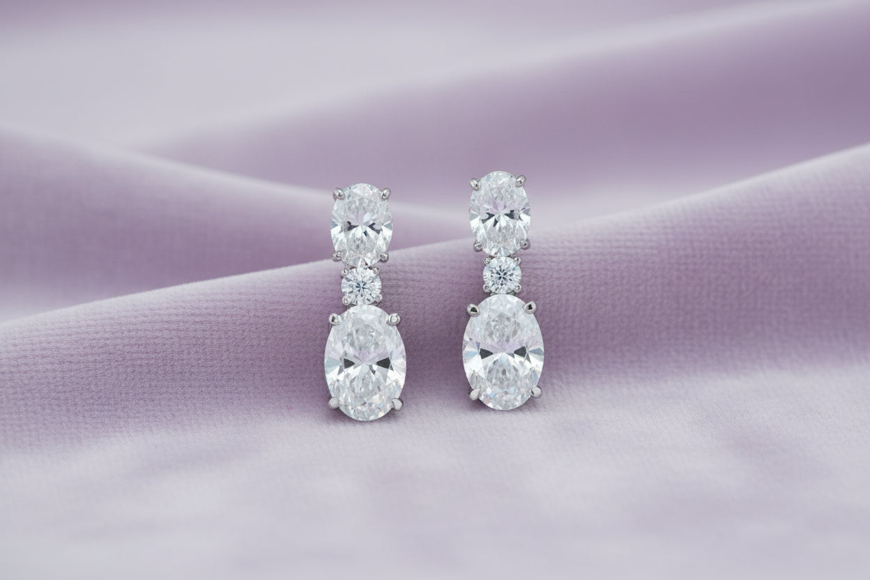 14K White Gold Lab Grown Diamond Earrings 3 Oval 1 Round