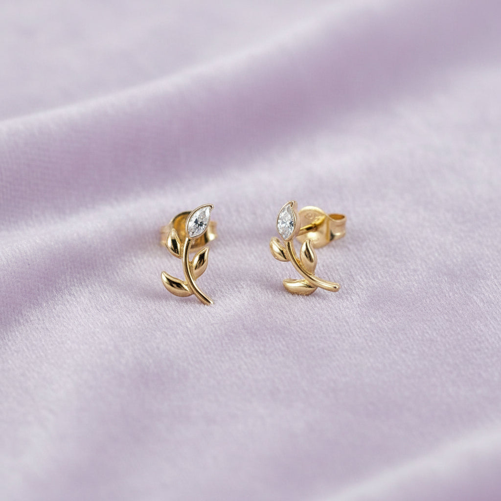 14K Yellow gold leaf diamond earrings