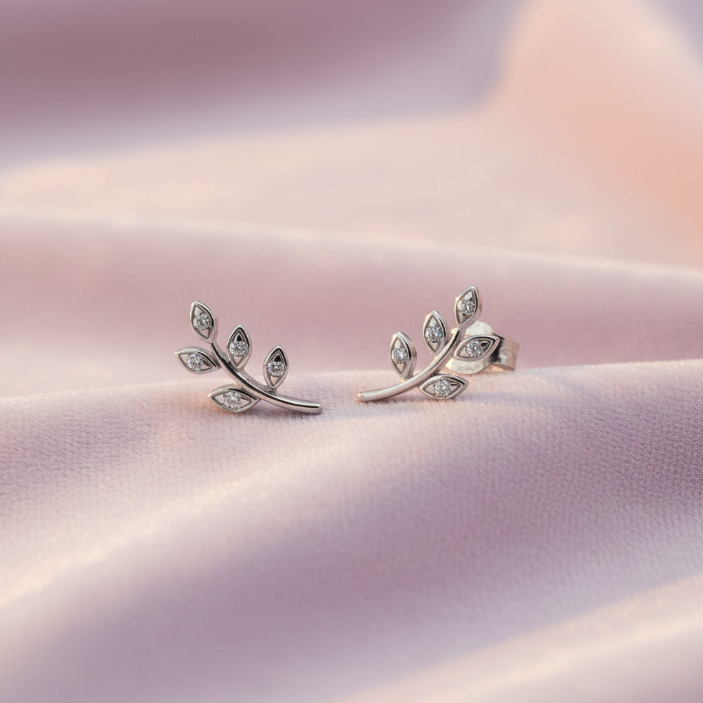 14K White gold leaf diamond earrings
