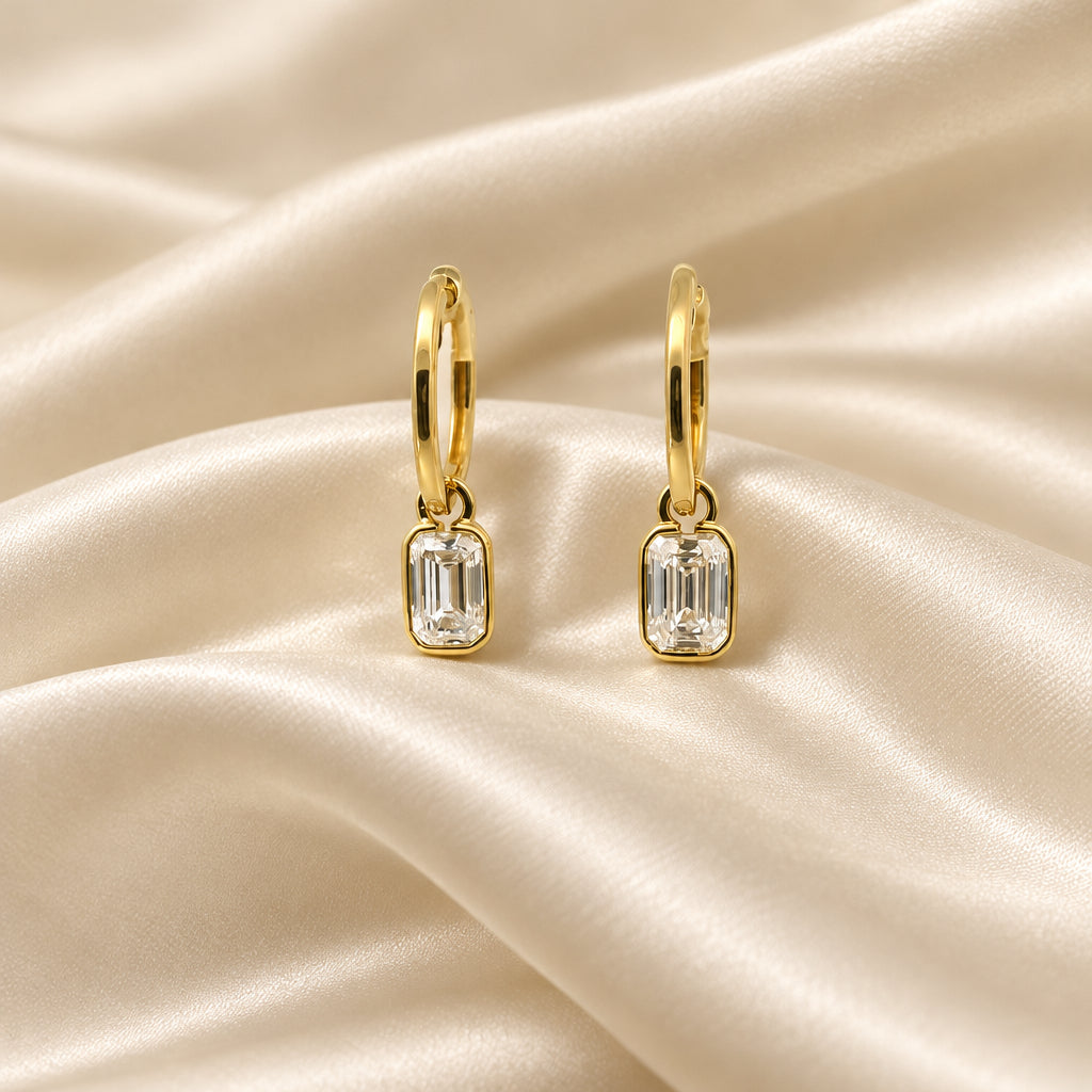 14K Yellow gold emerald cut lab diamond dangle earrings