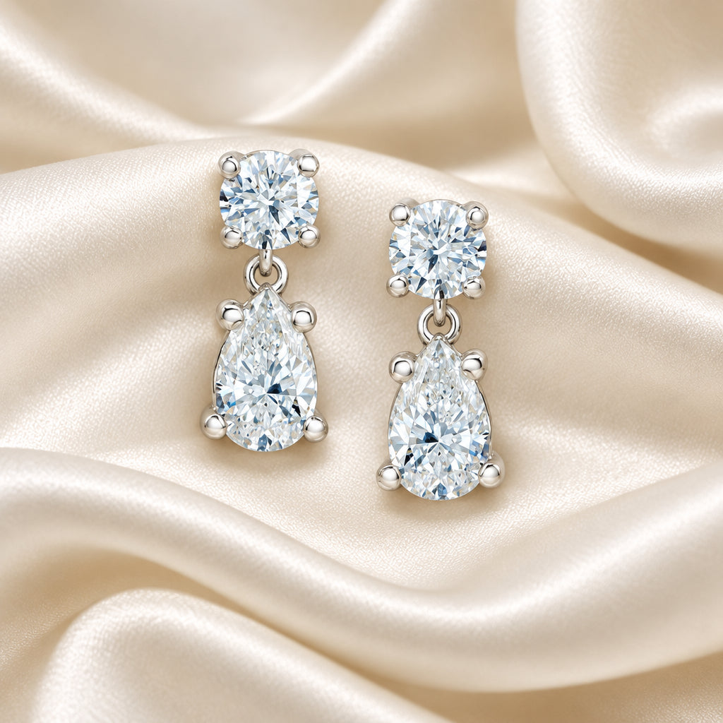 10K WG 0.46ctw VS,EF Pear Lab Diamonds + 0.30ctw RB Lab Diamond Dangle Earrings