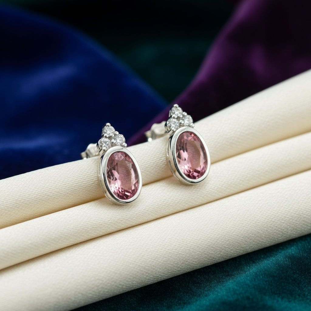 10K WG 5X3MM PINK TOPAZ & .04CTW DIAMOND STUDS