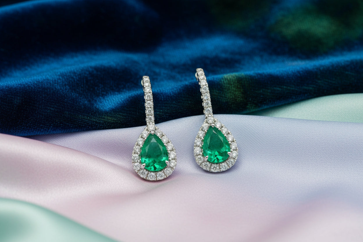 18K WG 1.32CTW PEAR SHAPED EMERALDS & 0.45CTW DIAMOND EARRINGS