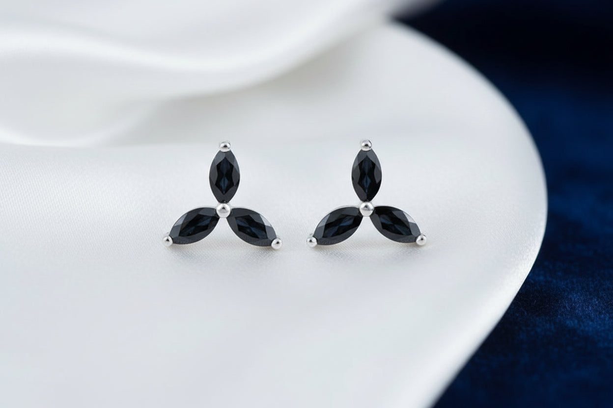 10K WG BLACK SAPPHIRE TRI STUD EARRINGS
