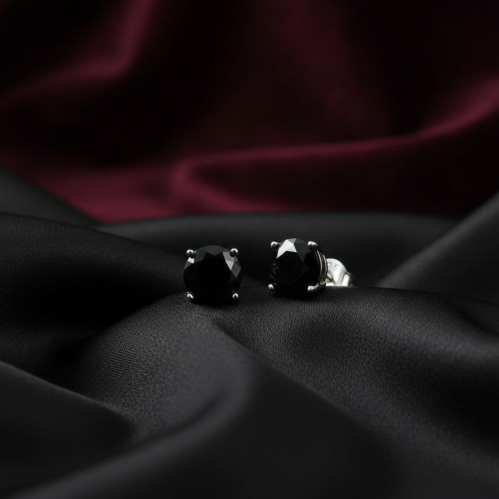 STERLING SILVER RHODIUM PLATED 7MM BLACK CZ STUD EARRINGS