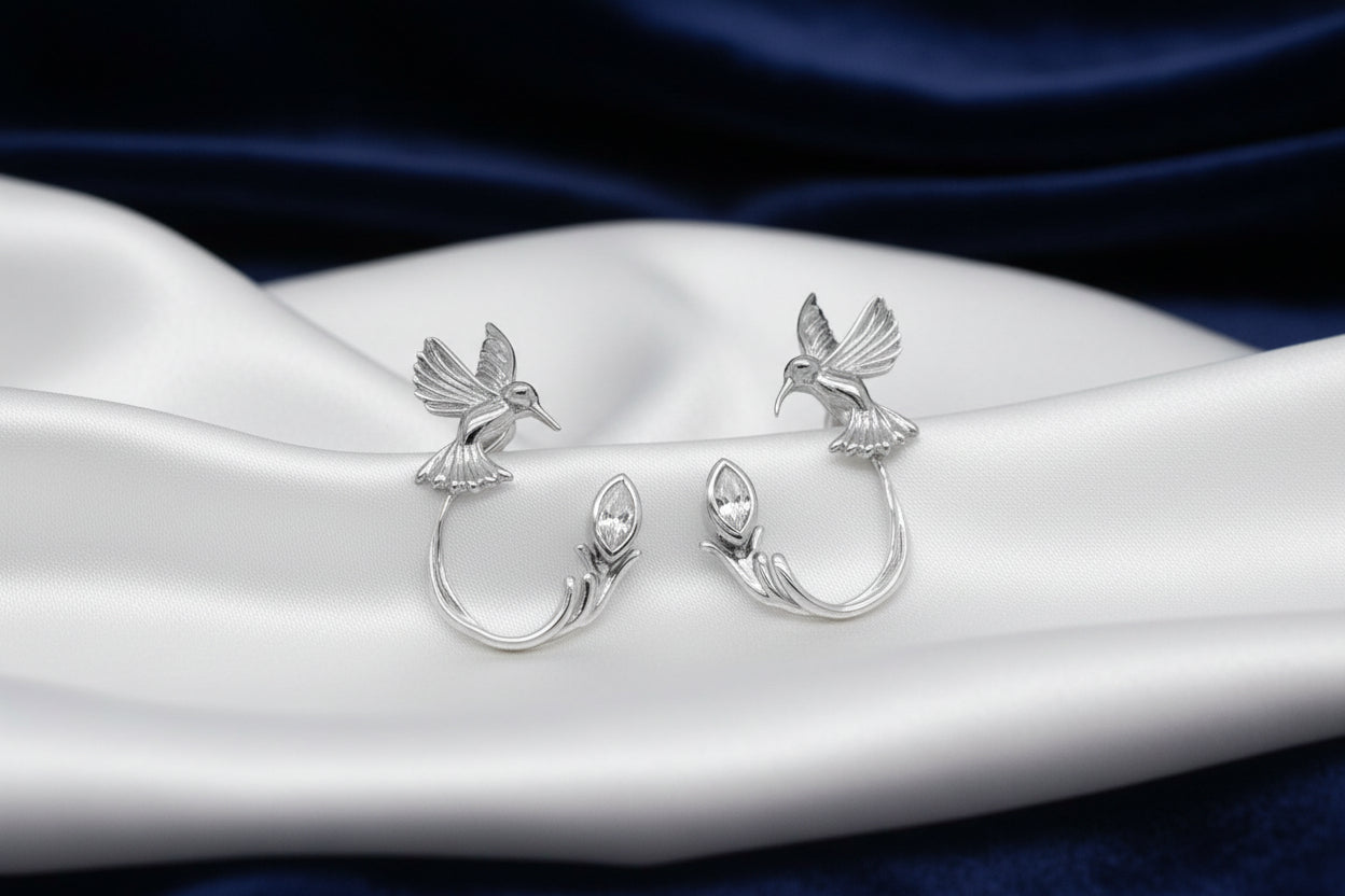 SS KEITH JACK HUMMING BIRD STUD WITH JACKET FEATURING MARQUISE CUT WHITE TOPAZ