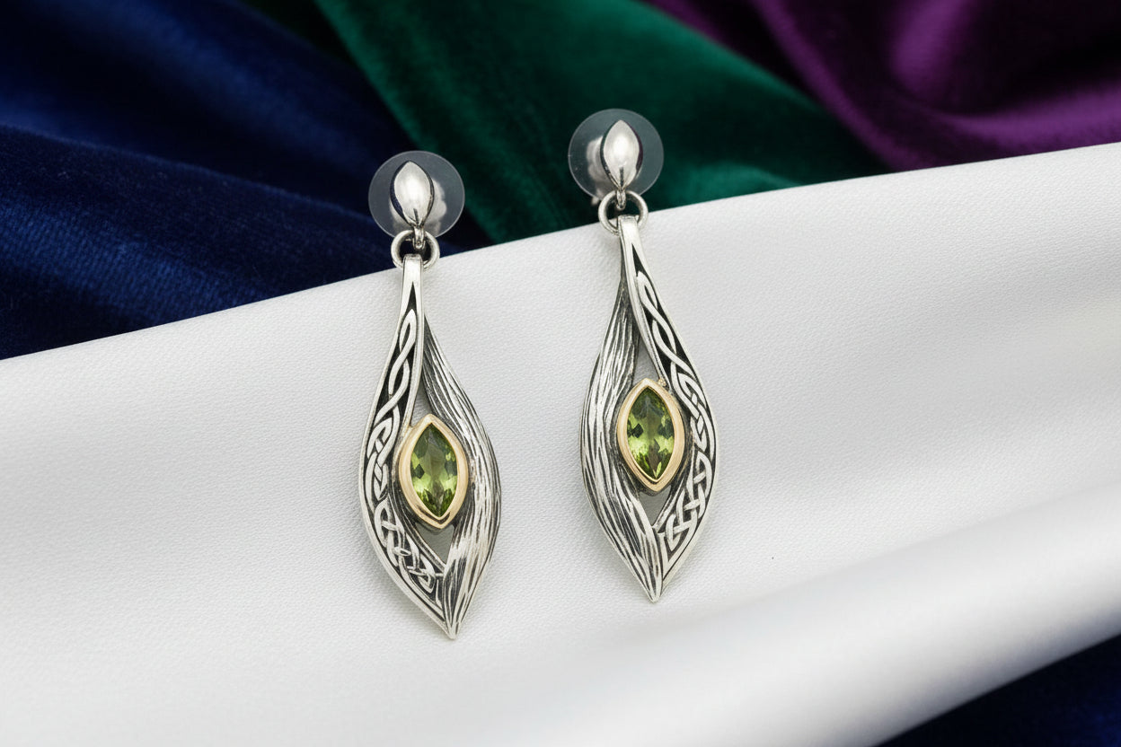 SS & 10K YG ETERNITY KNOT AND PERIDOT EARRINGS