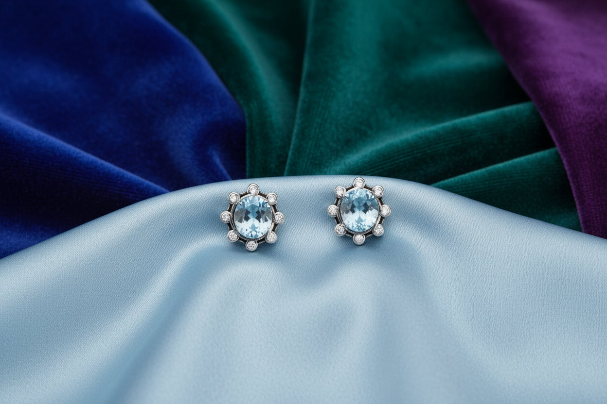 KEITH JACK SS RHD SKY BLUE TOPAZ & CZ CELESTIAL STUD EARRINGS