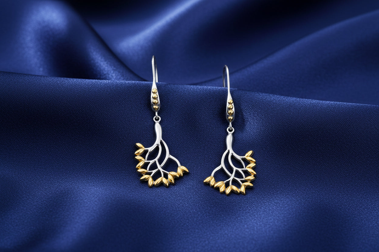 SS + 18K TREE OF LIFE HOOK EARRINGS (LARGE)