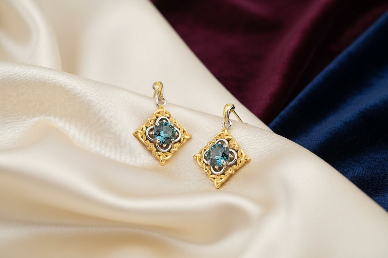 KEITH JACK SS RHD & 10K YG MYSTIC BLUE MOISSANITE CELESTIAL STUD EARRINGS