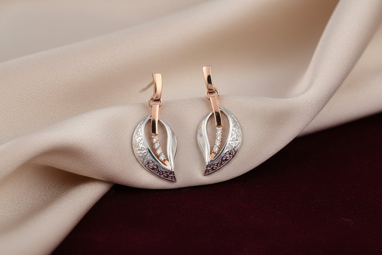 SS 10K RG TRINITY LEAF WHITE SAPPHIRE EARRINGS
