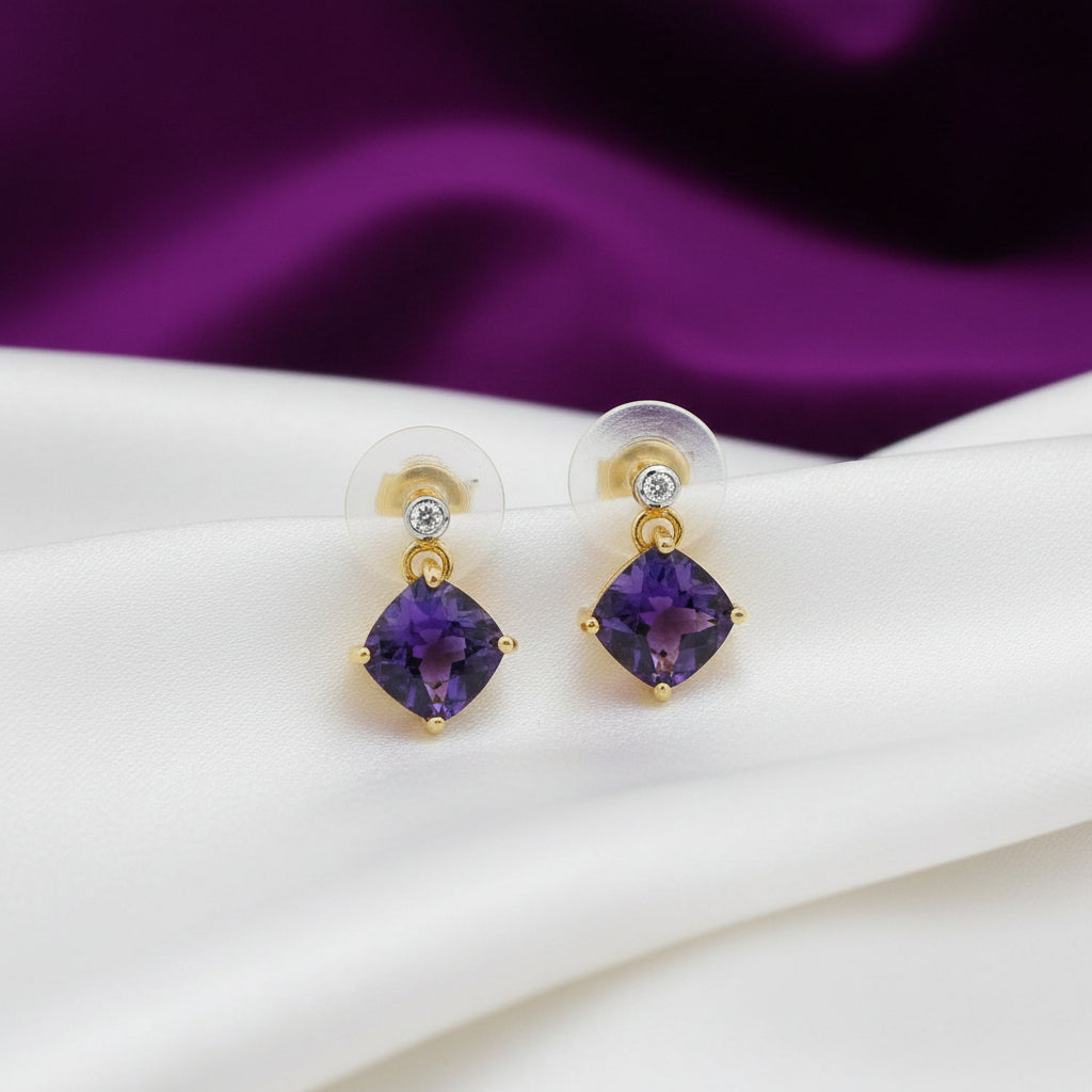 14K YG 6X6MM CUSHION CUT AMETHYST & 0.01CTW DIAMOND DANGLES EARRINGS