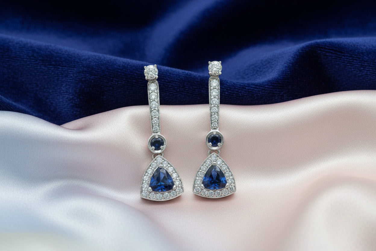 CUSTOM 14K WG .53CTW DIAMOND AND BLUE SAPPHIRE EARRING ENHANCERS