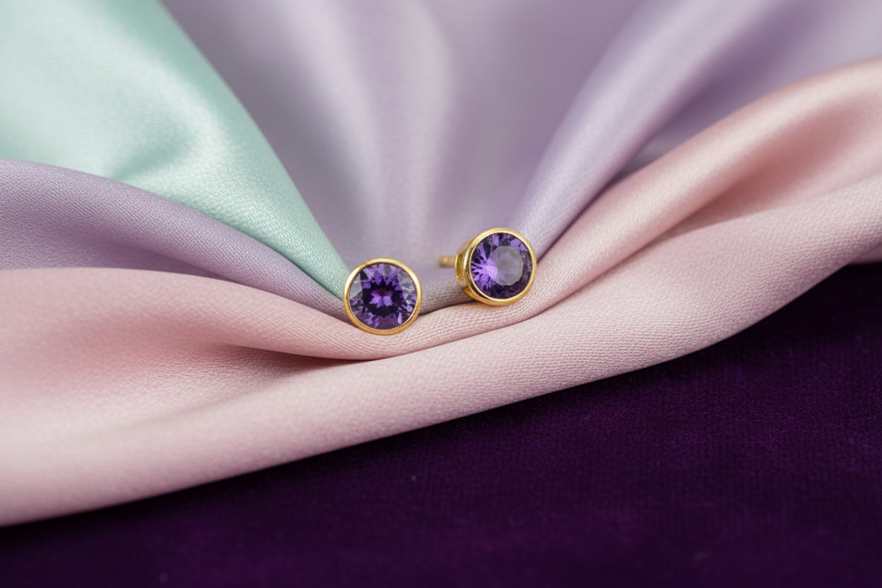 10K YG 5mm Rd Amethyst Bezel set Studs