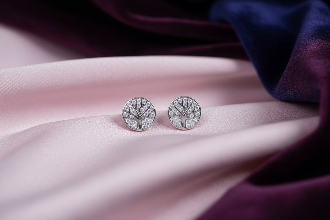 Sterling Silver CZ Tree of Life Stud Earrings