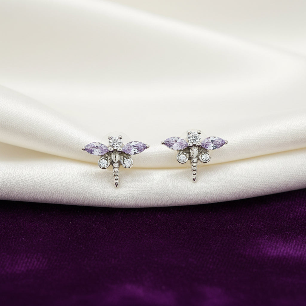 Sterling Silver Rhd Dragonfly Studs with Lavender CZ