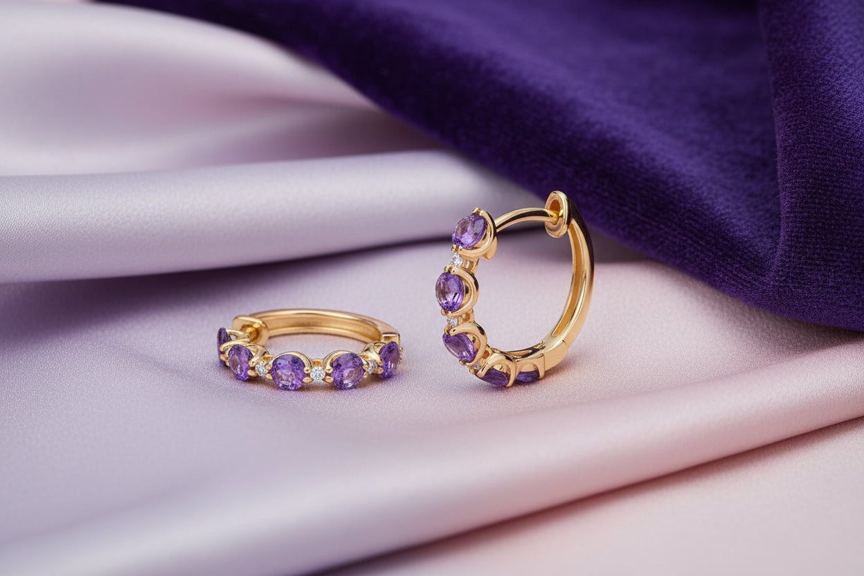 10K YG 0.57CTW Amethyst And 0.050CTW Diamond Huggies