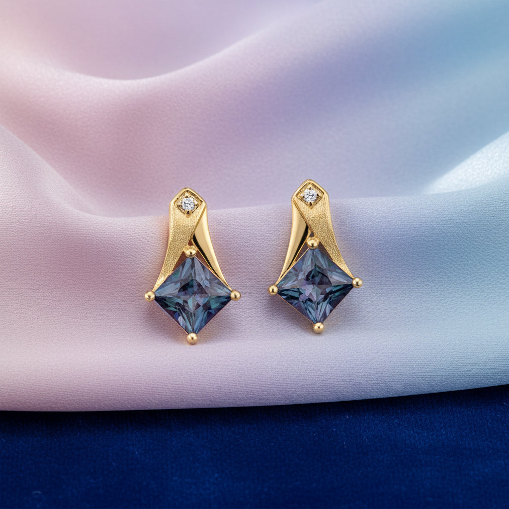 10K YG 0.85CTW Lab Alexandrite And 0.006CTW Diamond Stud Earrings