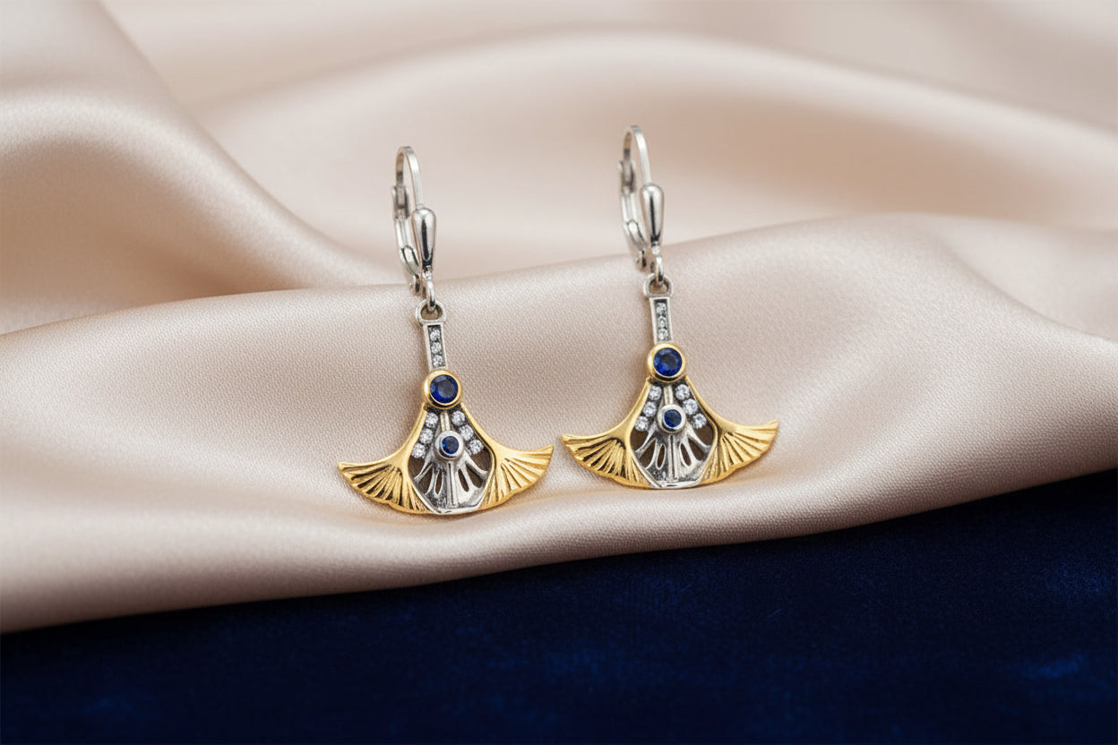 Keith Jack Sterling Silver + YG Vermeil Lab Grown Blue Sapphire & White Moissanite Alchemy & Echoes Leverback Earrings