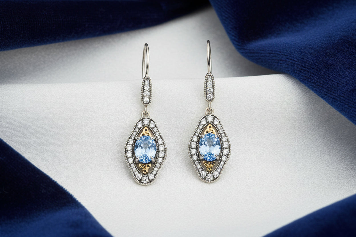 Silver with 24k Vermeil and Light Blue and White Moissanite Alchemy Hook Earrings