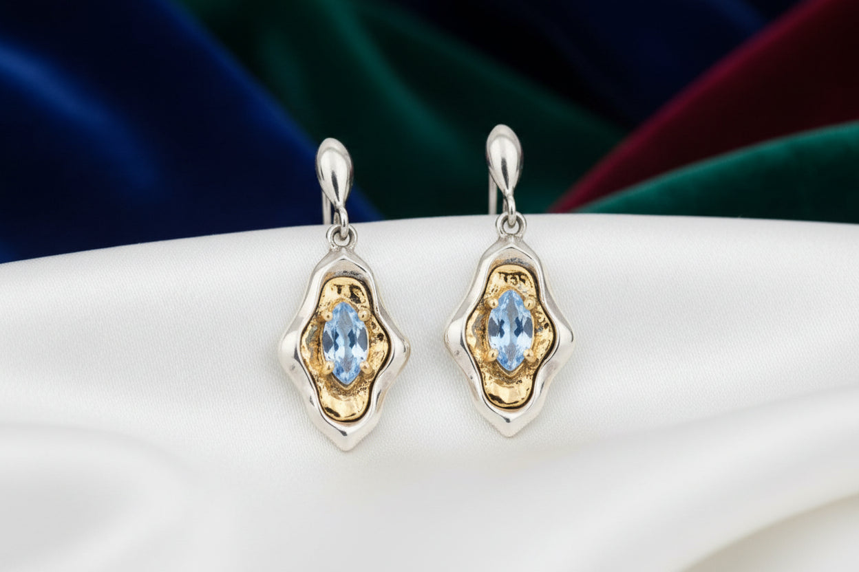 Silver with 24k Vermeil Rocks 'n River Earrings Light Blue Moissanite