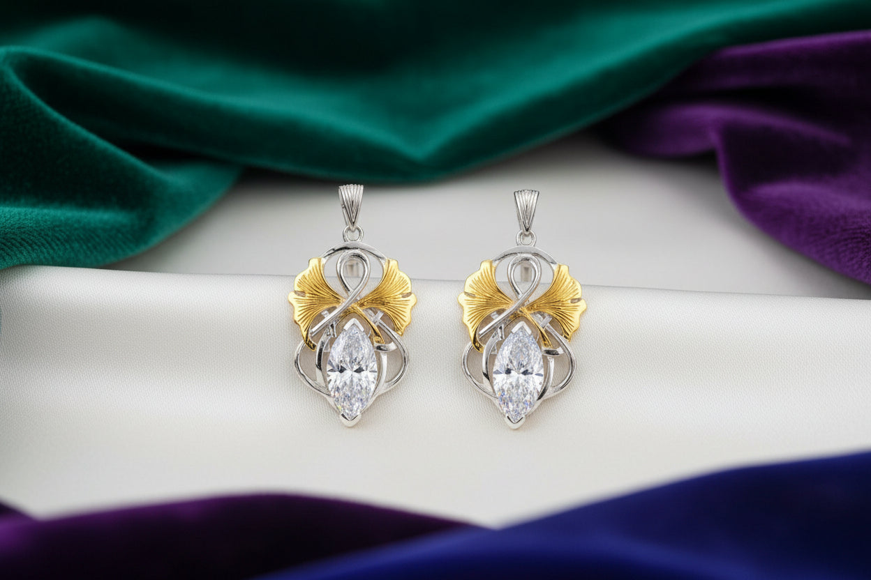 Silver and 18k Vermeil with White Moissanite Ginkgo Leaf Angel Earrings
