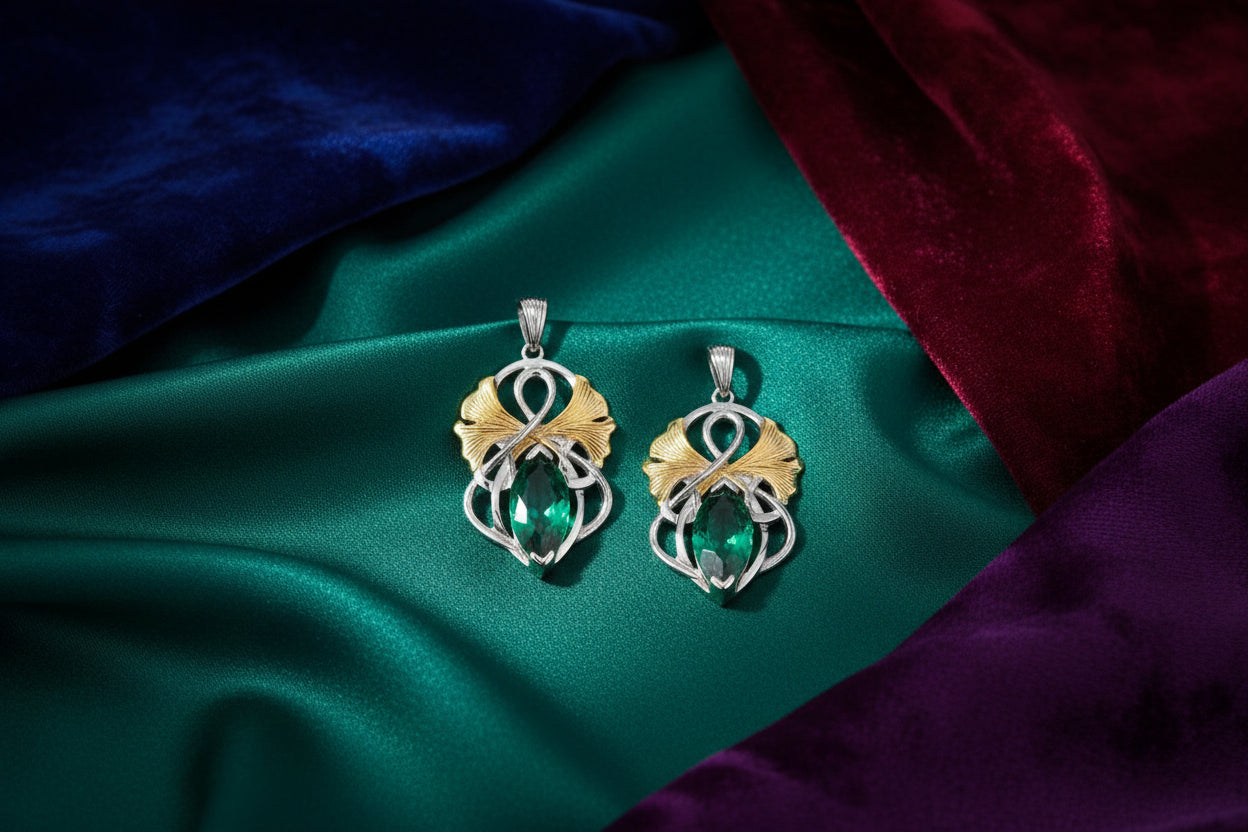 Silver and 18k Vermeil with Lab Grown Emerald Ginkgo Leaf Angel Earrings