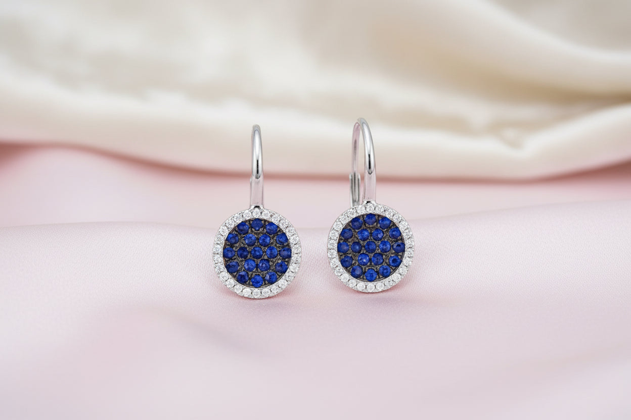 14K WG 0.14ctw Diamonds & 0.35ctw Blue Sapphire Leverback Earrings