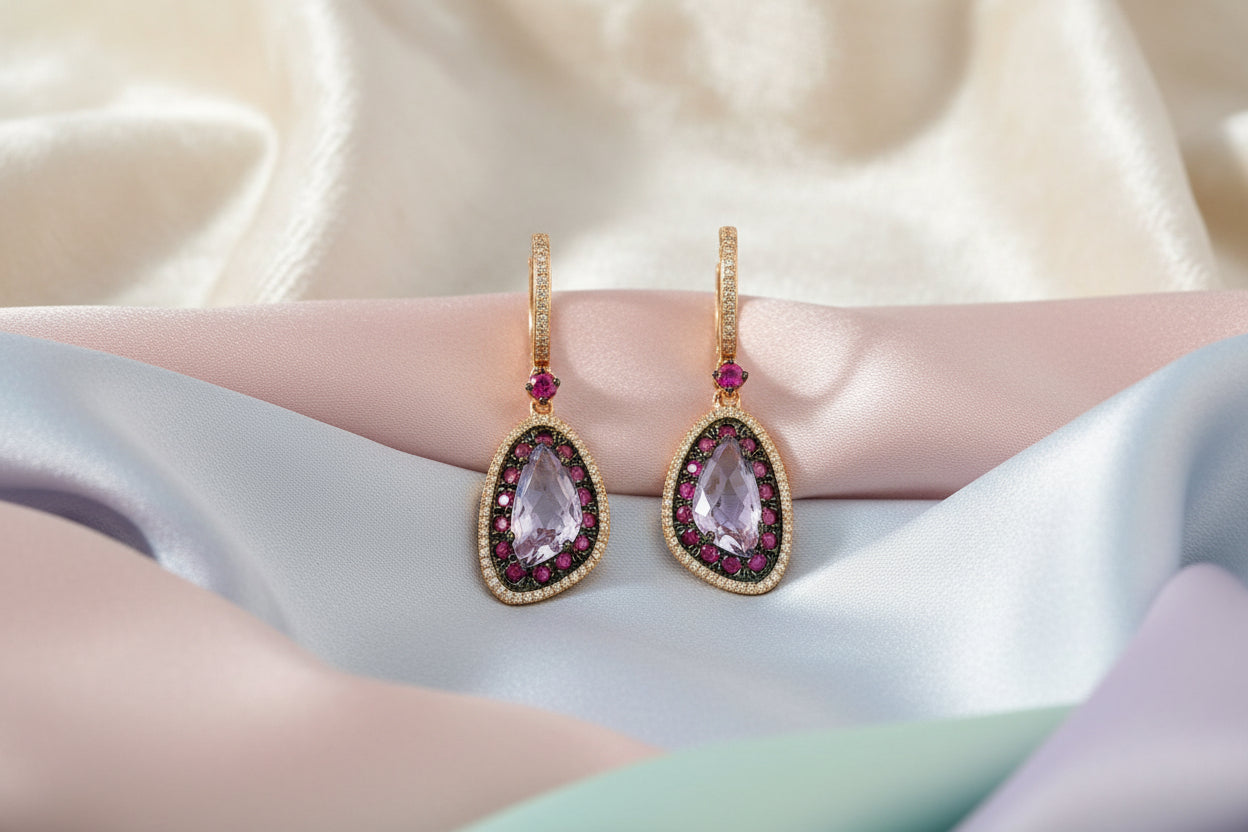 14K RG 2.00ctw Amethyst, 0.78ctw Rubies & 0.30ctw Diamond Earrings
