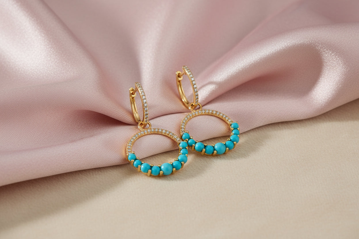 14K YG 1.20ctw Turquoise & 0.19ctw Diamond Circle Dangle Earrings