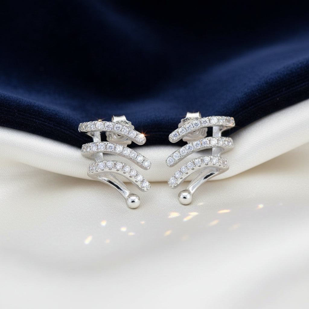 Sterling Silver Three Row Cuff Earring Accented with Cubic Zirconia