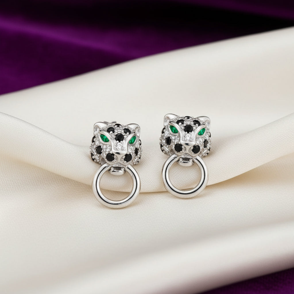 Sterling Silver Panther Head Studs Accented with Cubic Zirconia