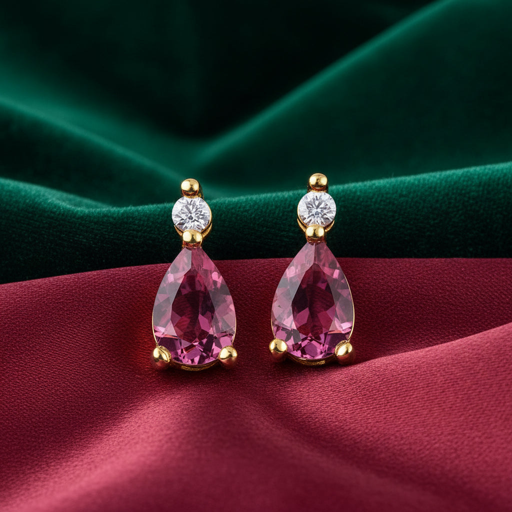 10K Yellow gold pear shaped pink tourmaline and diamond earrings