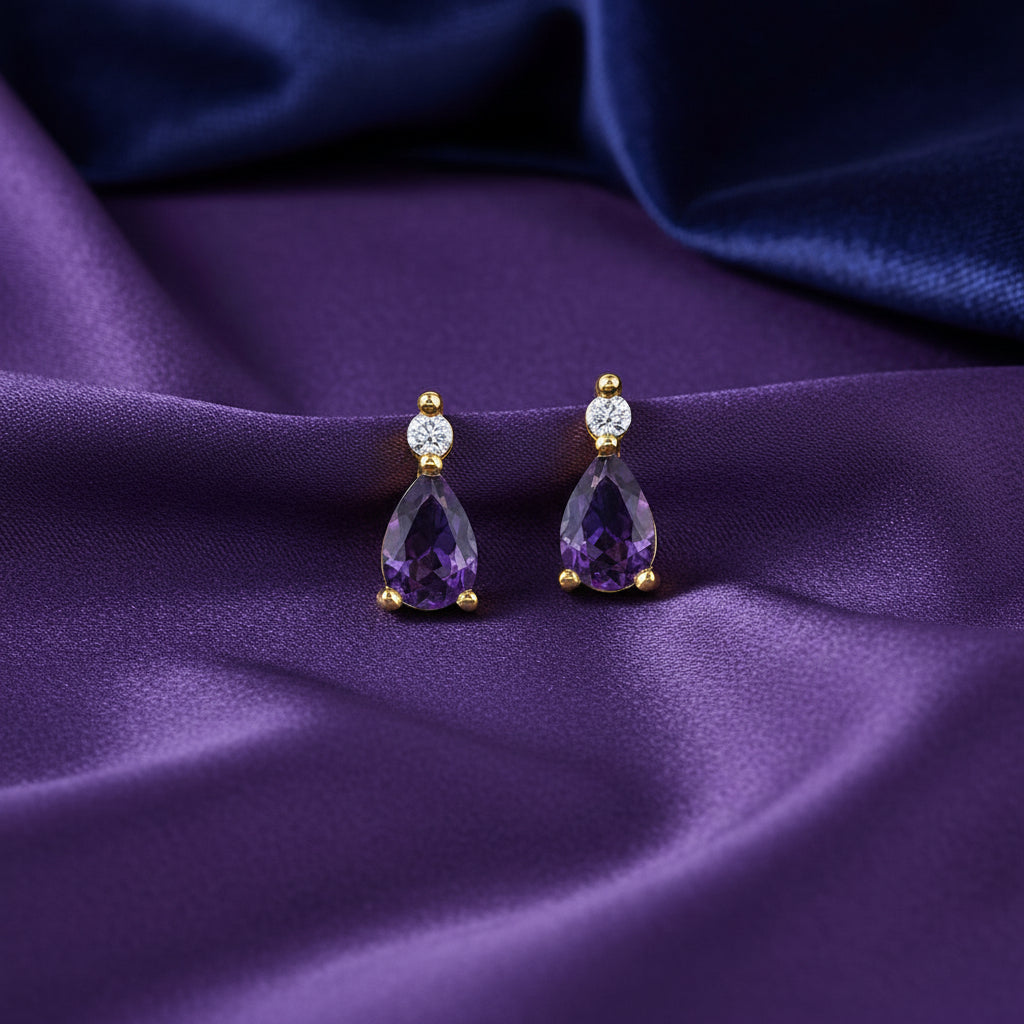 10K Yellow gold pear shaped amethyst and diamond earrings