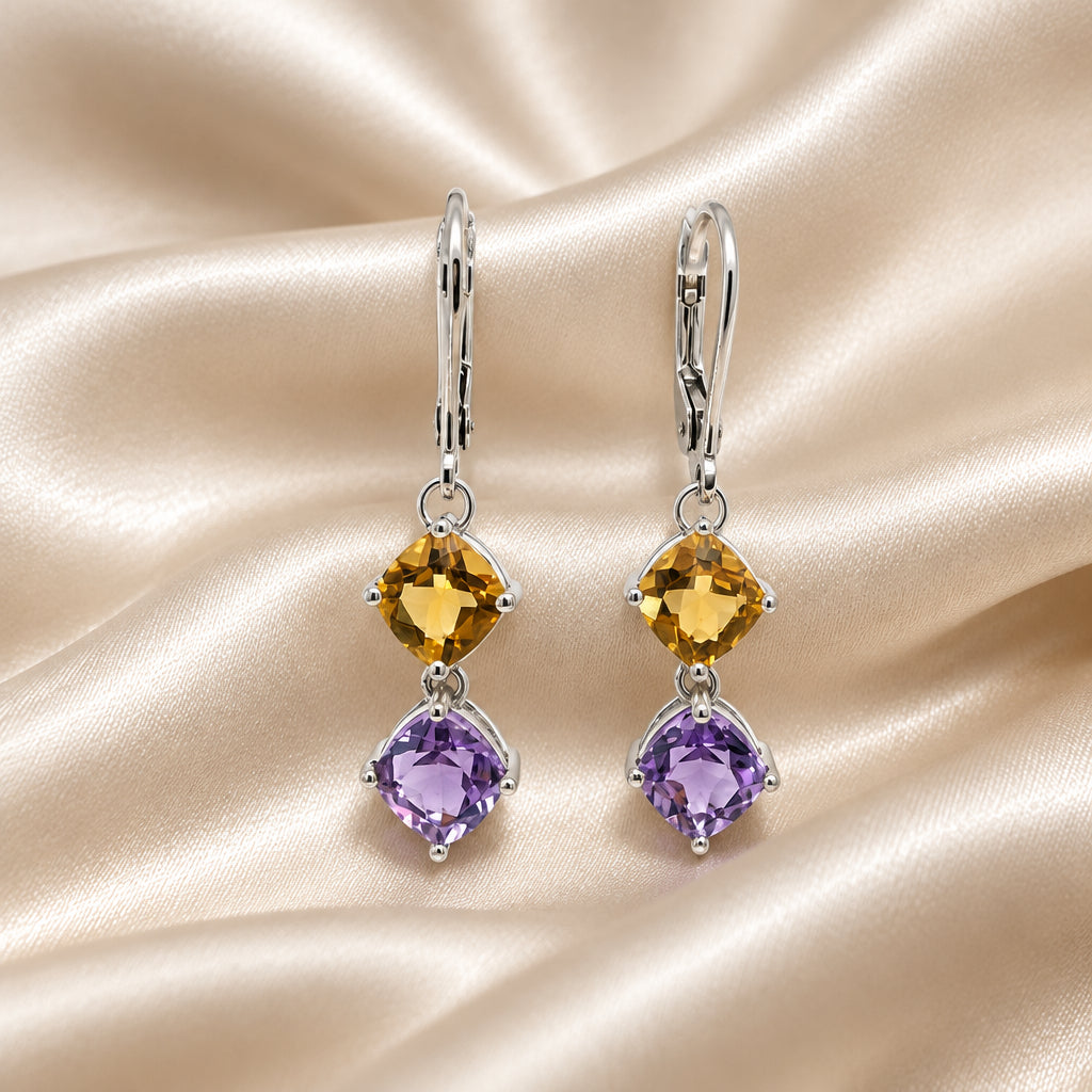 10K White gold Citrine and Amethyst leverback earrings