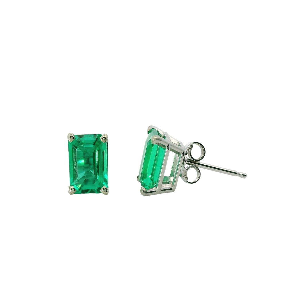 14K White gold lab emerald green emerald cut studs