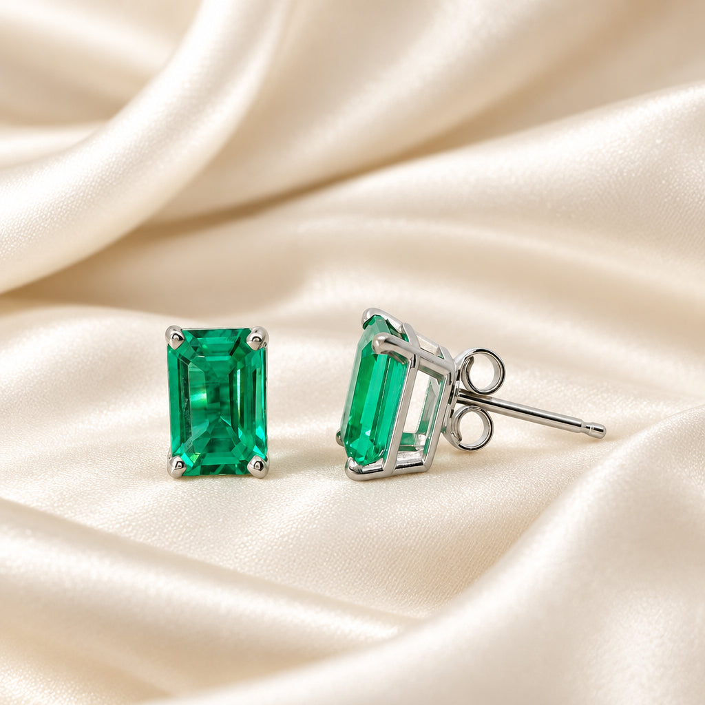 14K White gold lab emerald green emerald cut studs