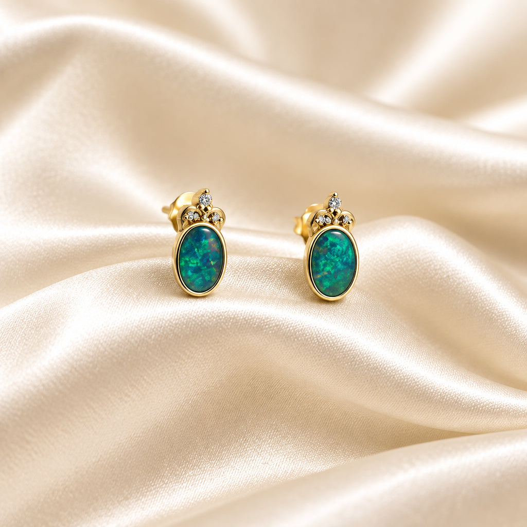 10K Yellow gold oval Opal doublet and Diamond earrings