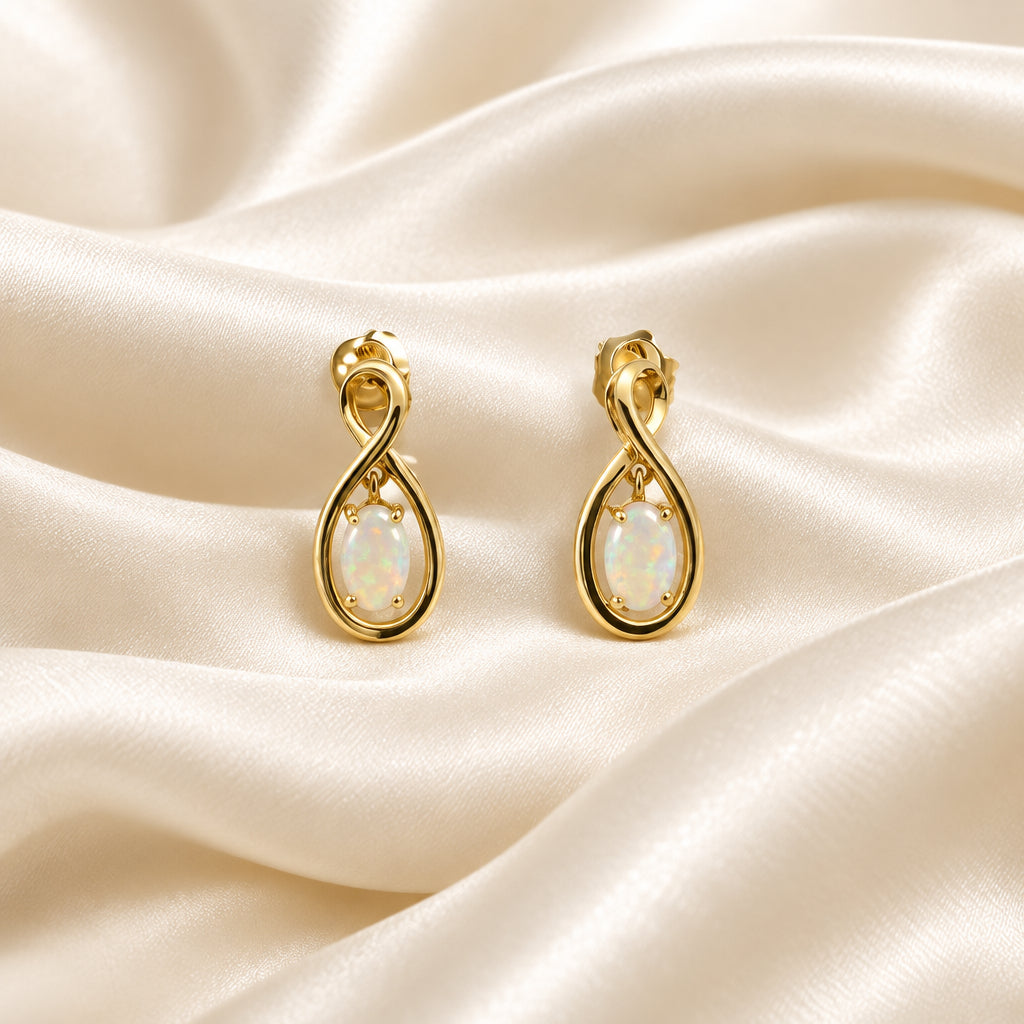 10K Yellow gold oval White Opal drop earrings
