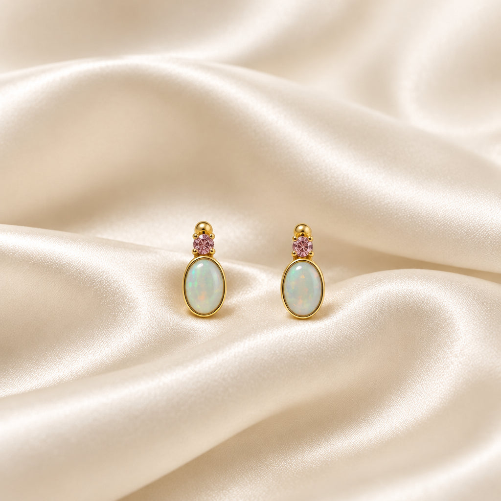 10K Yellow gold oval White Opal and Pink Tourmaline earrings
