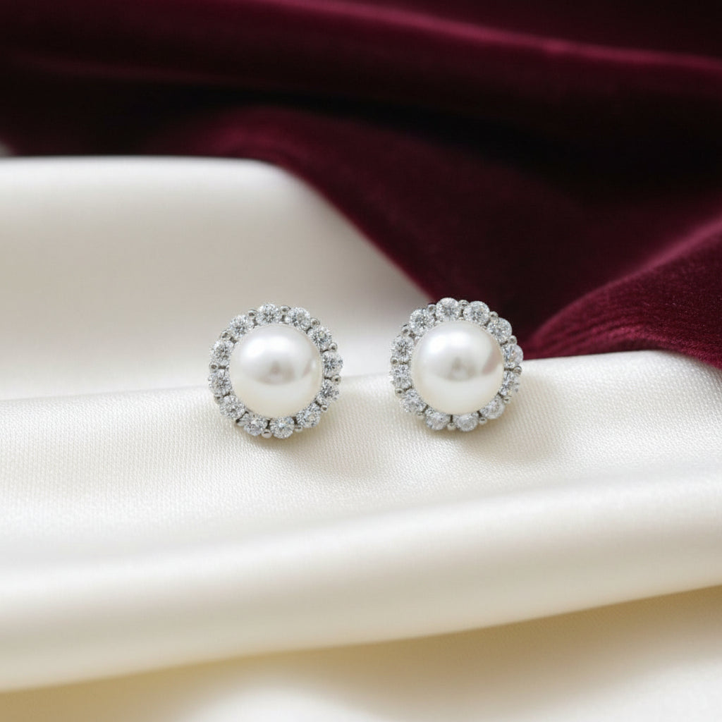 Sterling Silver Rhd CZ & Pearl Studs