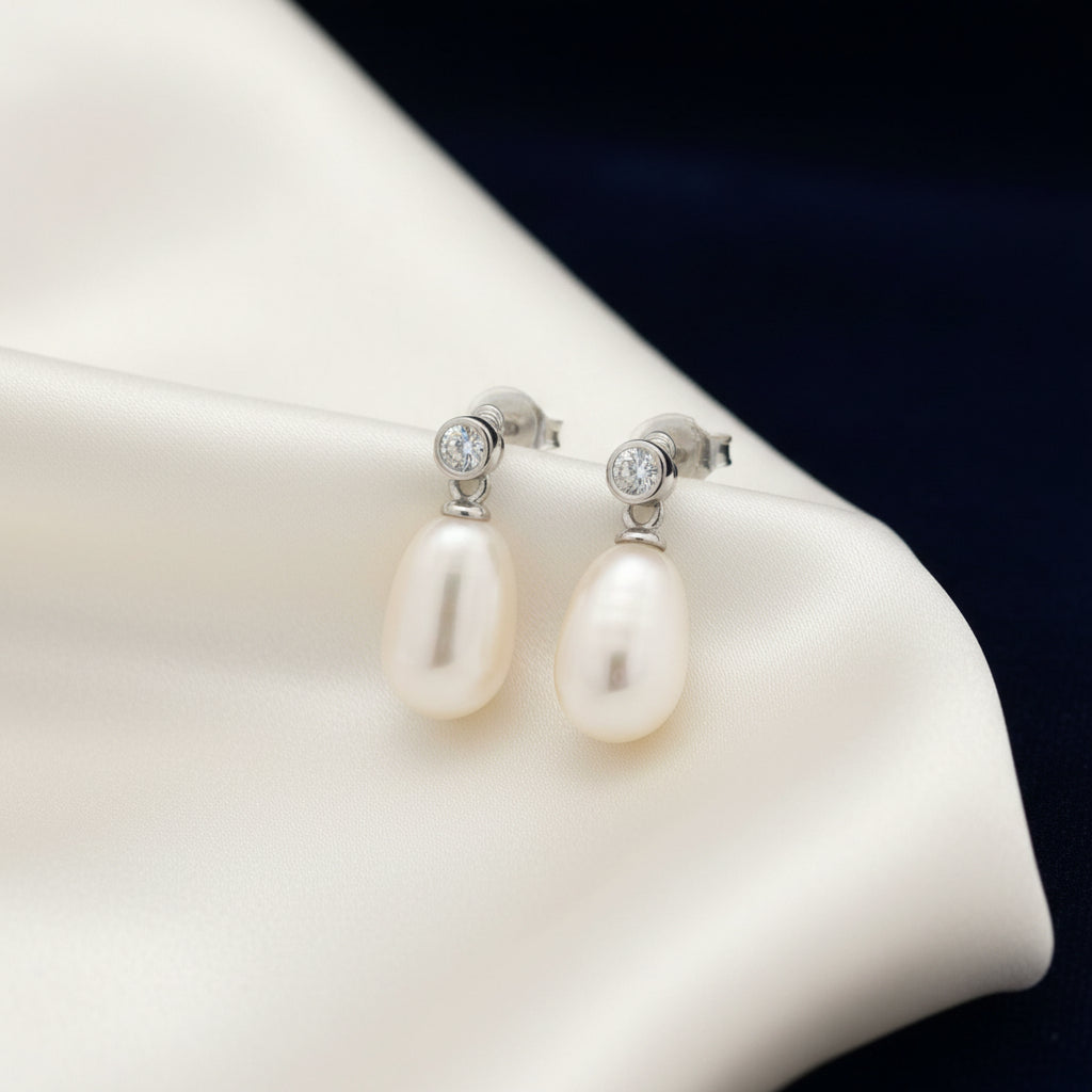 SS RHD FRESH WATER PEARL & CZ DROP EARRINGS