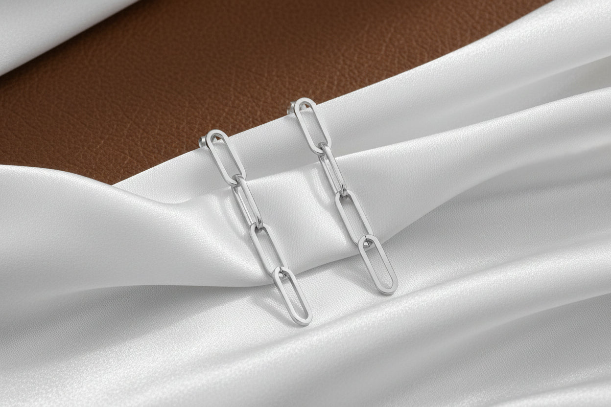 SS RHD PAPERCLIP DROP STUD EARRINGS 4 LINKS