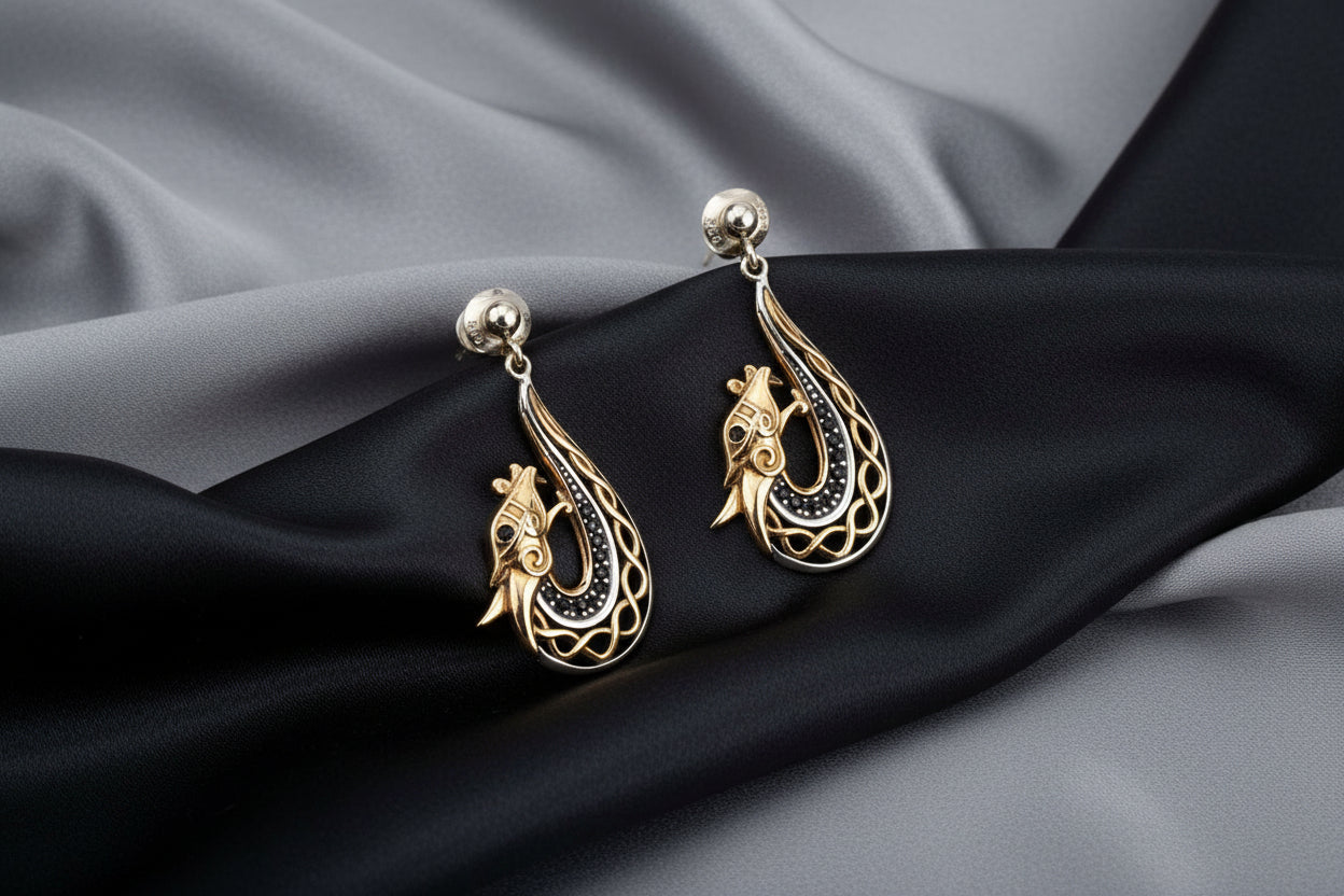 KEITH JACK SS OXIDIZED AND BRONZE WITH BLACK CZ DRAGON POST EARRINGS