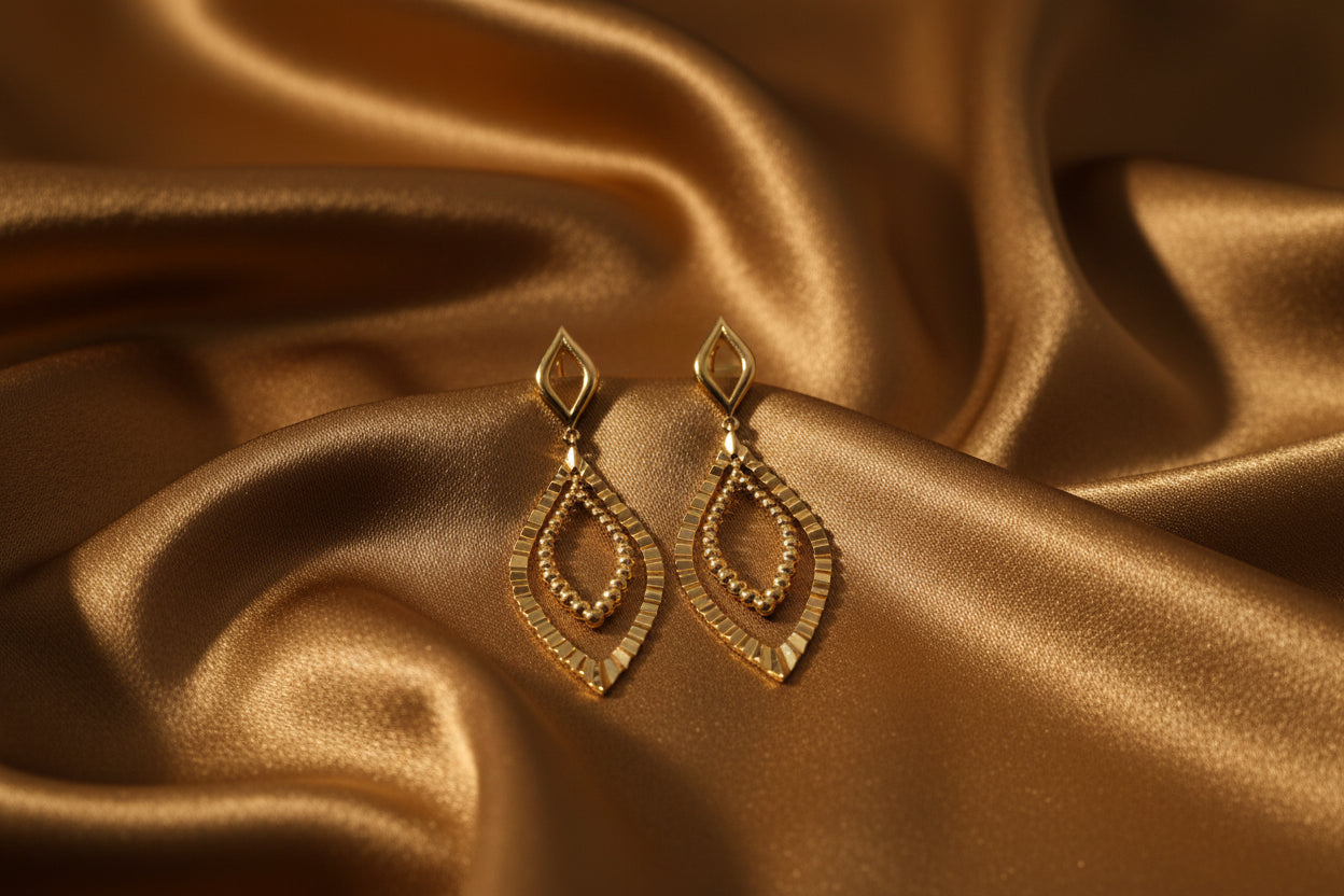 (S2205380) 14K YG Plain Bujukan and Diamond Cut Texture Marquise Earrings "Gabriel & Co"