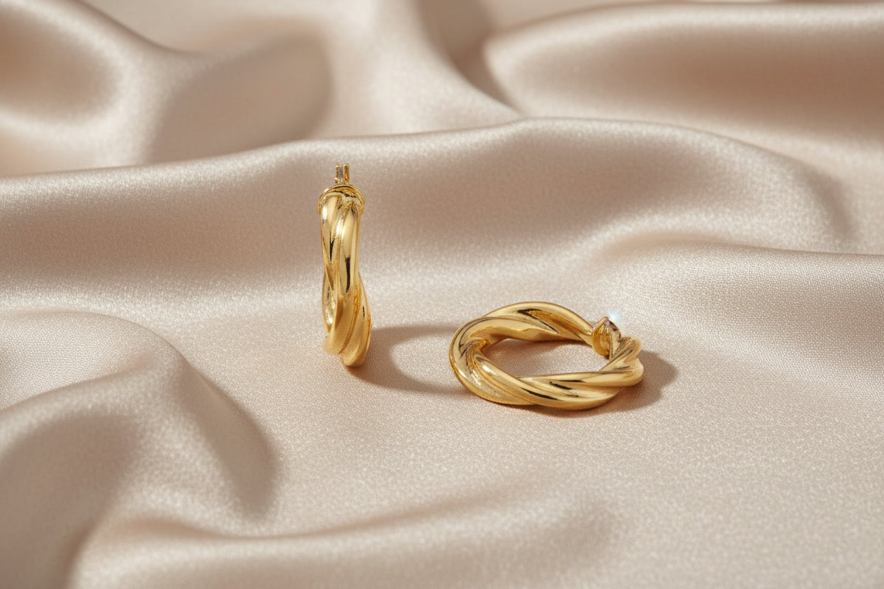 10K YG Beveled Edge Twisted Hollow Hoops