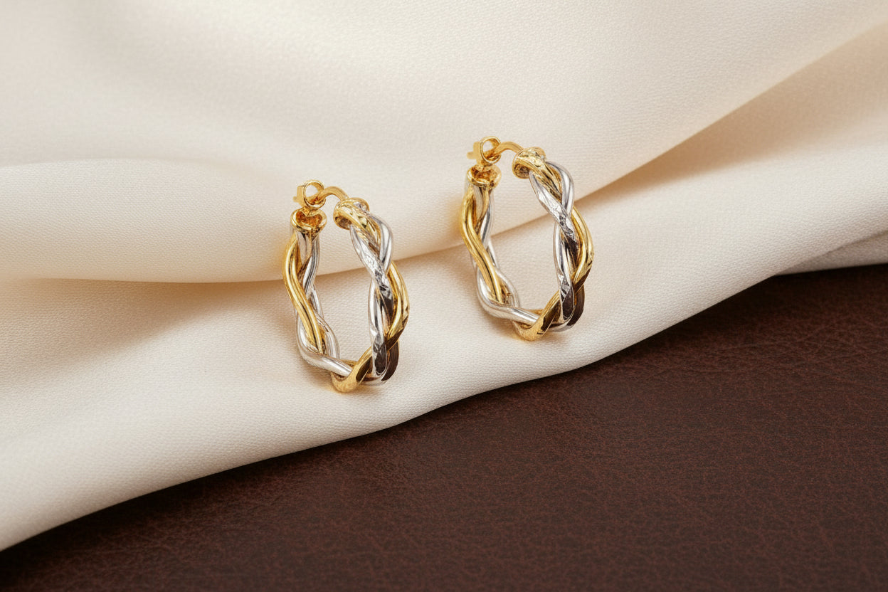 10K TWO TONED BRAIDED OVAL HOOP EARRINGS